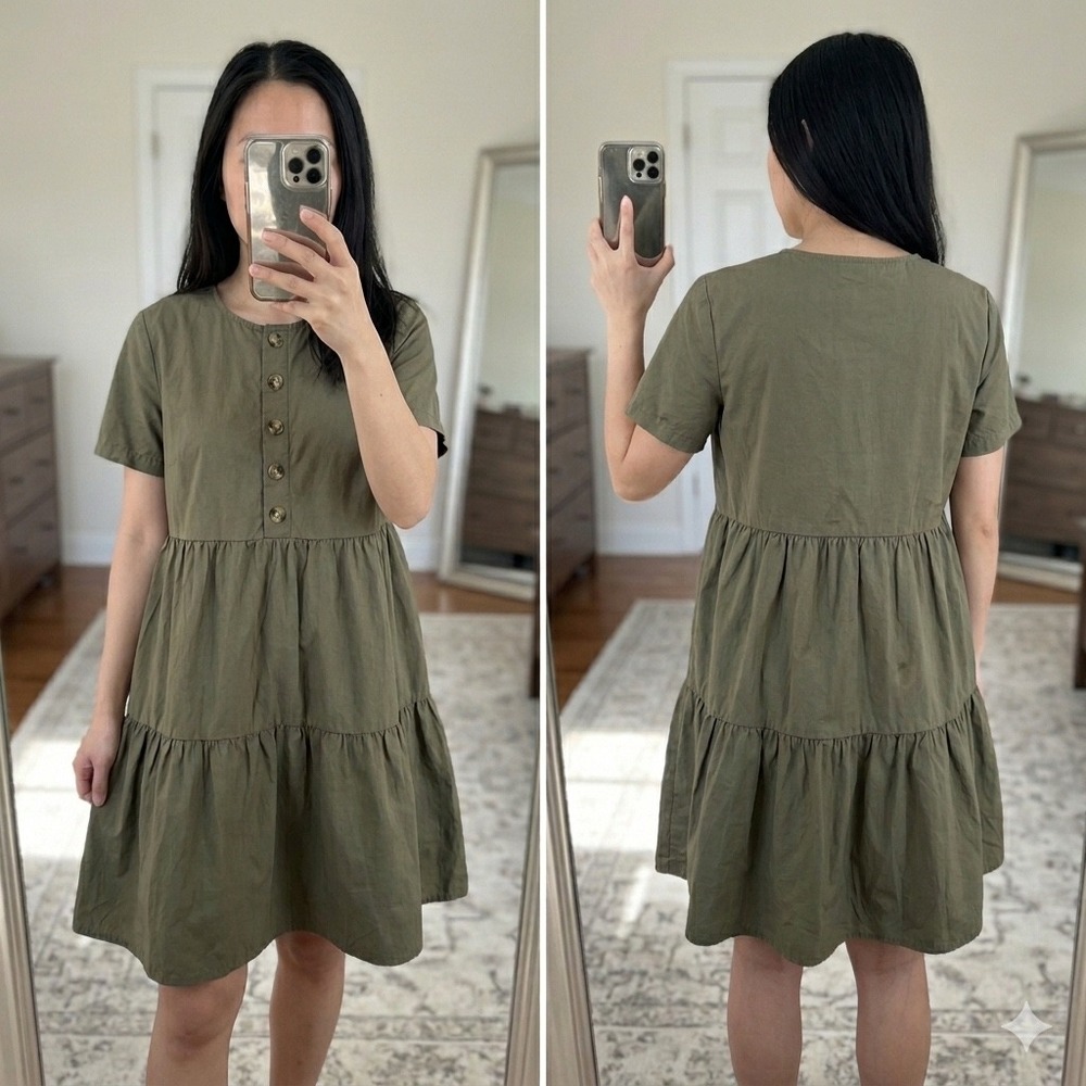 Madewell XXS Olive Green Tiered Cotton Mini Dress Button Front Short Sleeve